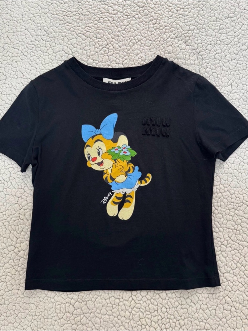 🚩steal Miu Miu Black Tee with Blue-Bowed Tiger Graphic